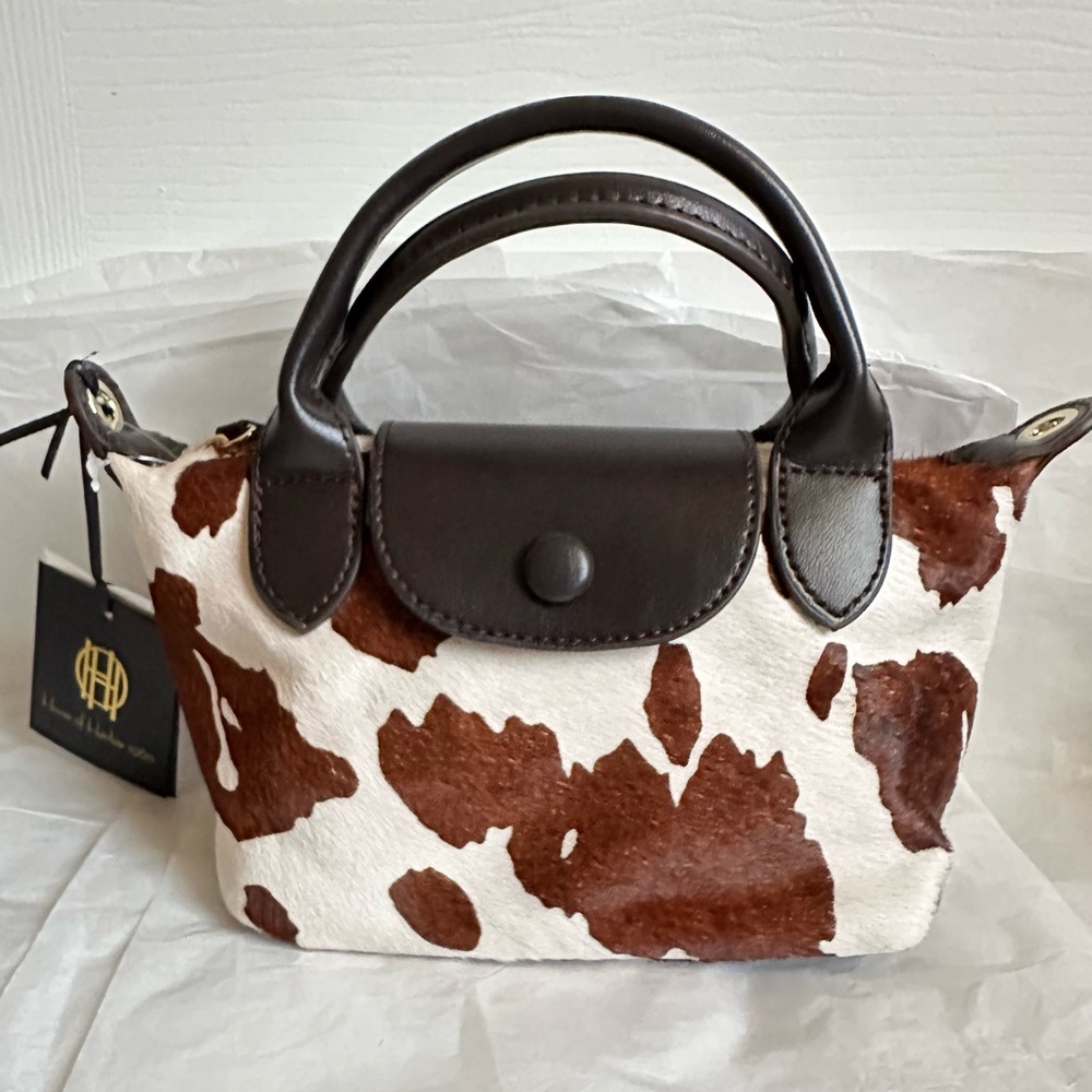 Brown and White Cowhair Top-Handle and Removable Crossbody Women's Bag